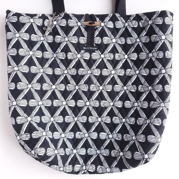 Bella Taylor Tote Shoulder Bag Black White 100% Cotton Double Handle Cross Charm - Picture 3 of 12